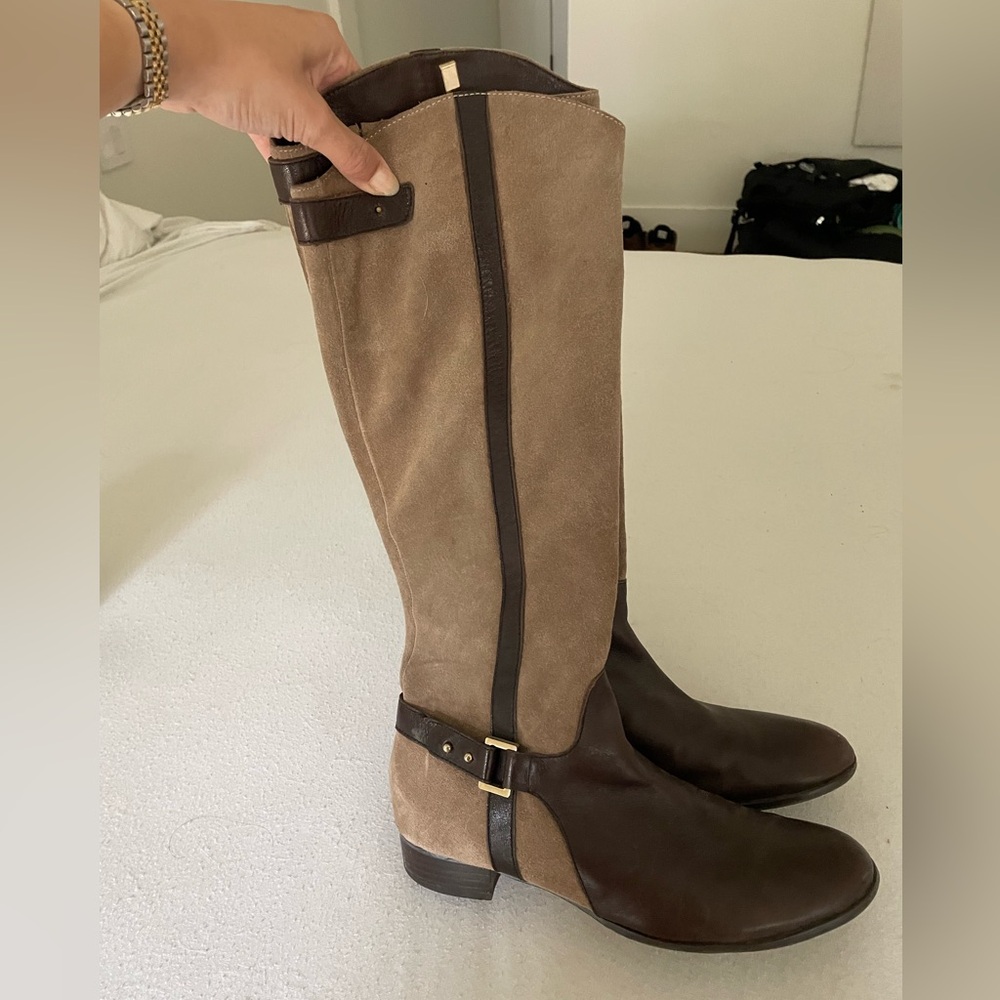 Two tone brown leather riding boots with buckle